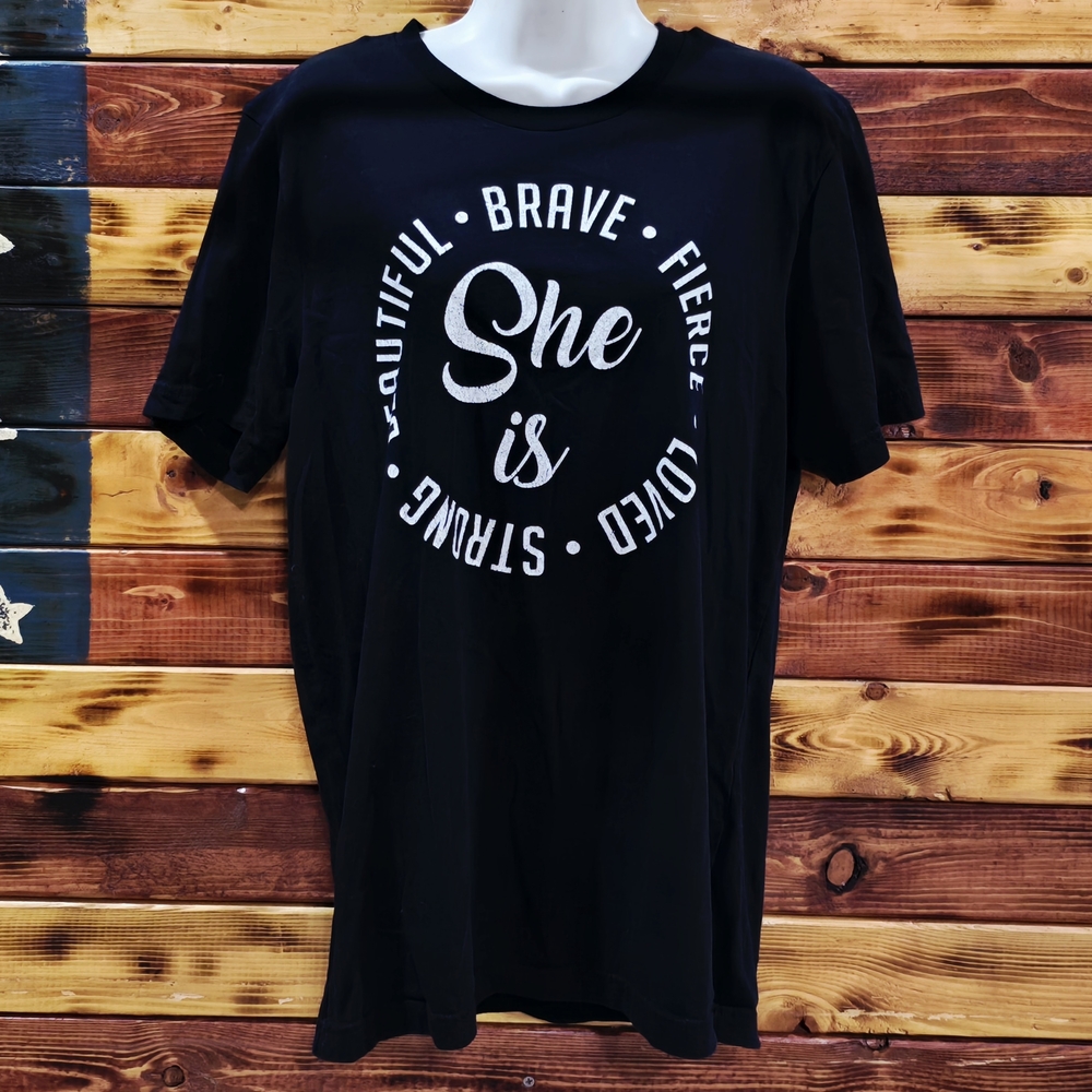 Bella Canvas She Is Brave Fierce Loved Strong Black Graphic Tee Shirt Large L